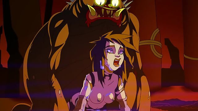 Erotic anime schoolgirl in front of giant monster
