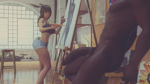 Excited curvy art student enjoys riding the model’s massive black cock